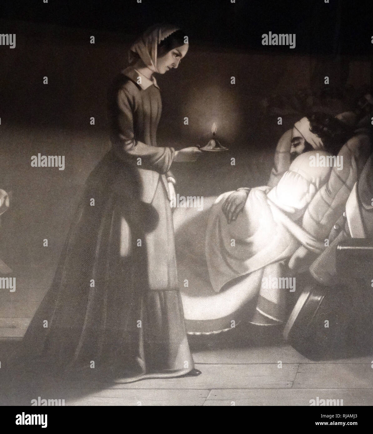 Florence Nightingale, muestra como la dama con la lámpara visitando a un soldado herido en el hospital de campaña en la guerra de Crimea, 1855. Florence Nightingale (1820 - 1910) Inglés, un reformador social y estadístico, y fundadora de la enfermería moderna. Foto de stock