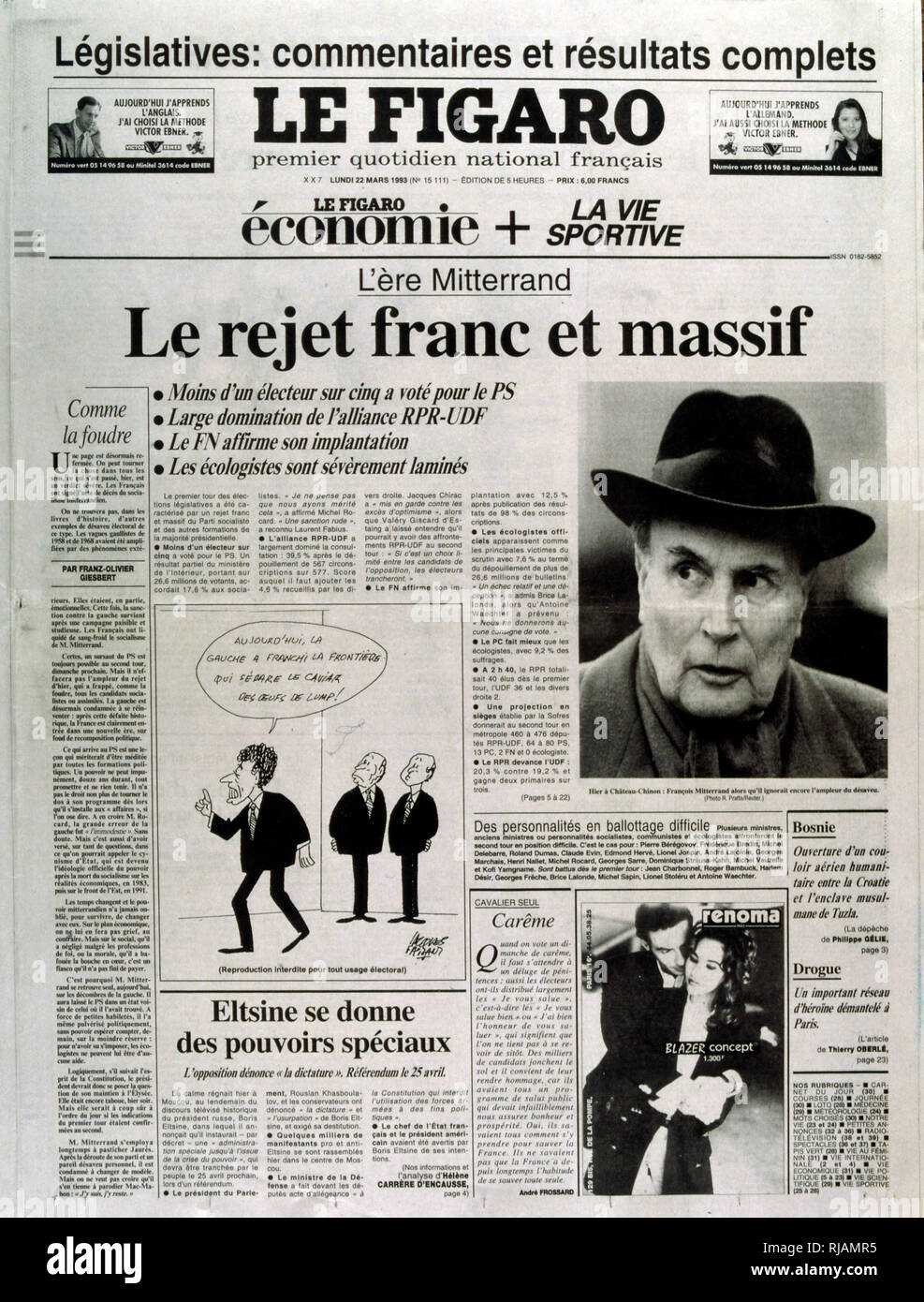 En la primera ronda de las elecciones de 1993, los votantes franceses rechazan el Partido Socialista de François Mitterrand, Presidente de Francia desde 1981 a 1995. Informe en "Le Figaro" el 22 de marzo de 1993. Foto de stock