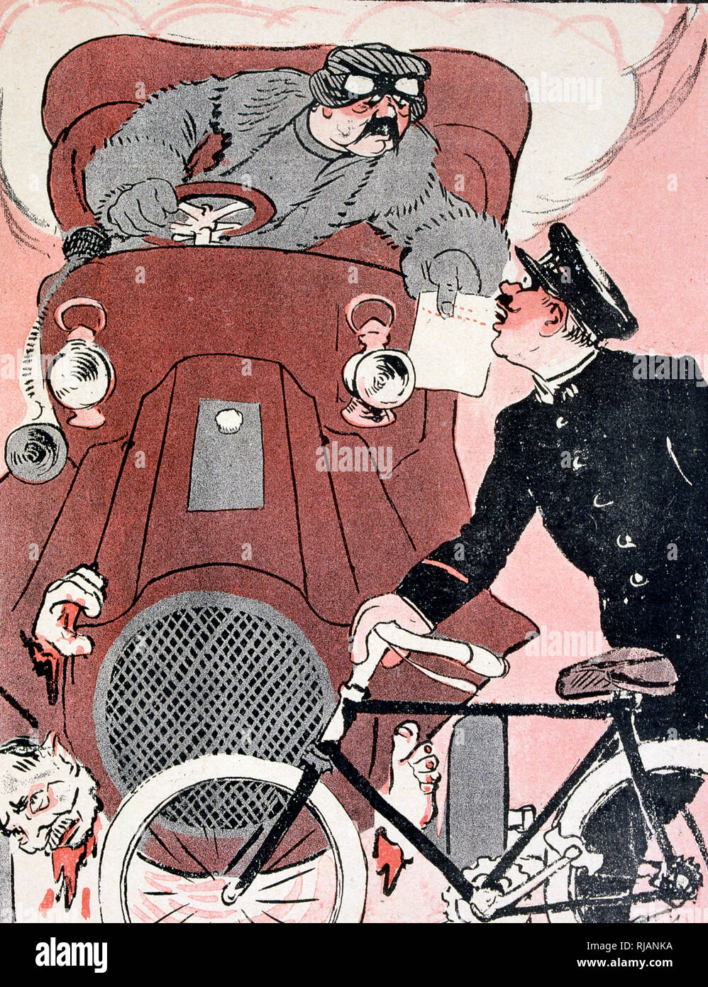 Un rico conductor en su automóvil muestra los papeles a un policía en una bicicleta. Siglo XIX en Francia. La ilustración francesa 1900 Foto de stock