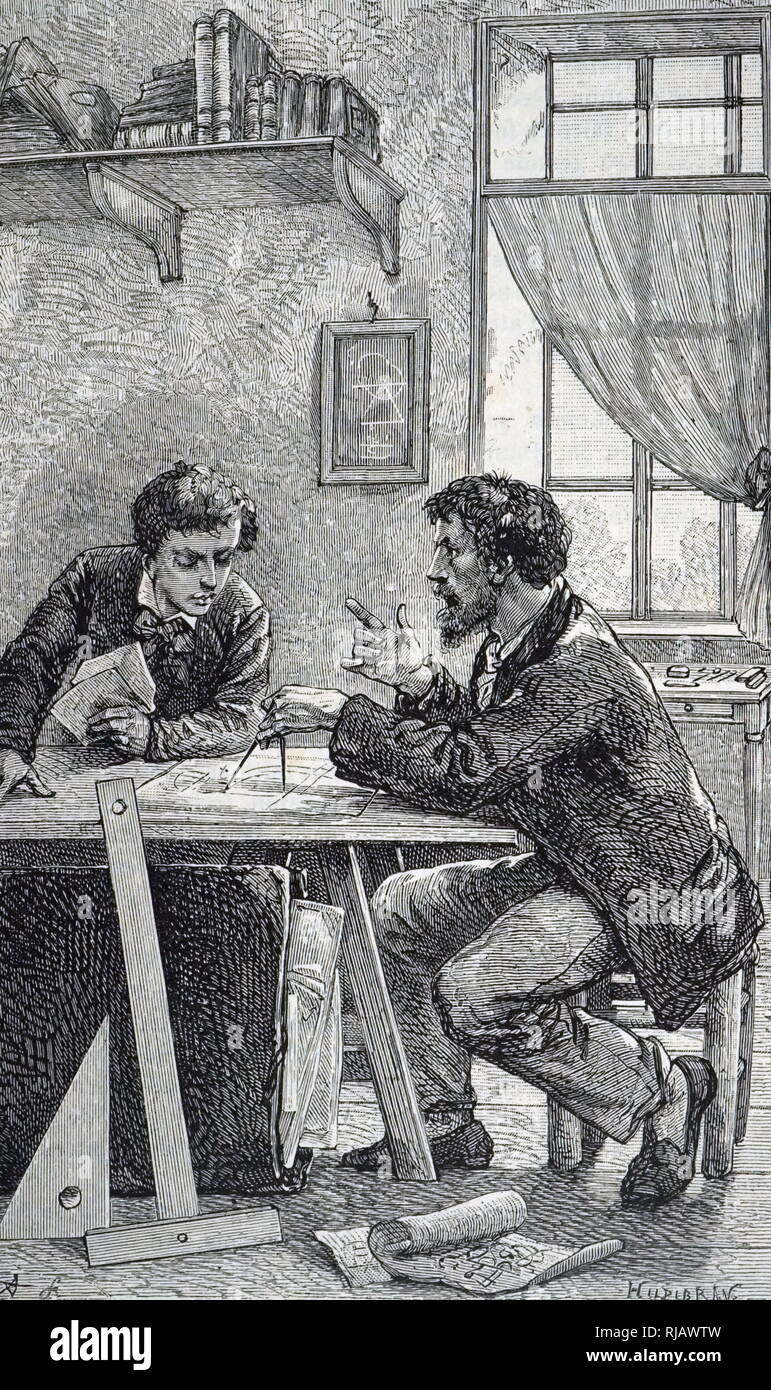 Un grabado representando un inventor explicando sus dibujos para su hijo. Fecha del siglo XIX Foto de stock