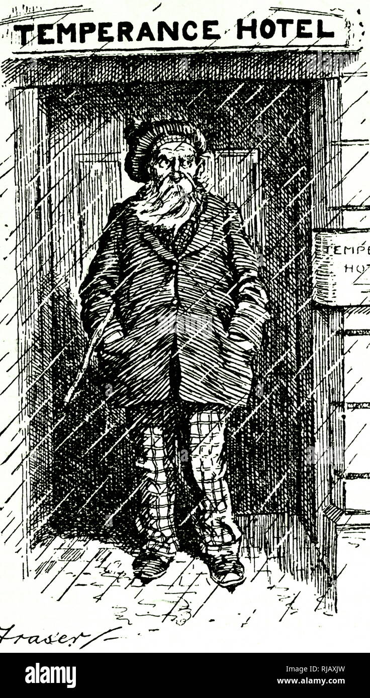 Una caricatura de un asqueroso hombre esperando fuera de un hotel durante la templanza la templanza de movimiento en el Reino Unido. Fecha Siglo XX Foto de stock