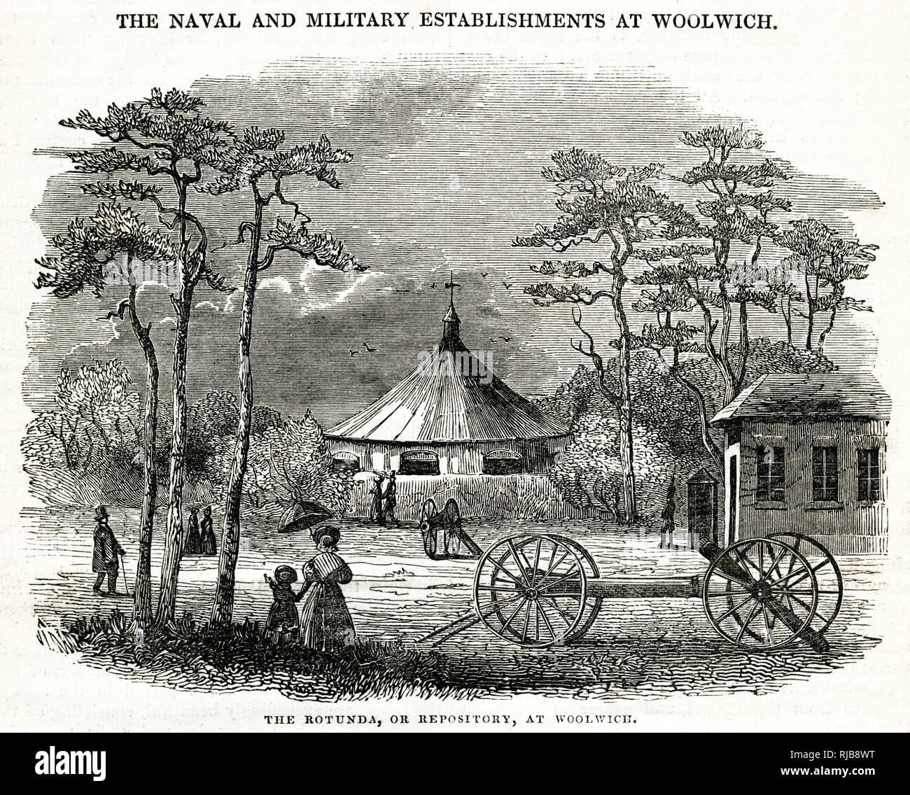 La rotunda (PR), el repositorio común de Woolwich, al sureste de Londres. Un antiguo museo de artillería que fue establecido en 1820. El edificio fue originalmente una campana muy grande Carpa erigida en St. James's Park en 1814 para una exhibición especial y temporal de la recepción de la victoria aliada soberanos en las guerras napoleónicas, pero su arquitecto John Nash lo convirtió en una estructura permanente con un techo de plomo y pilar central. Foto de stock