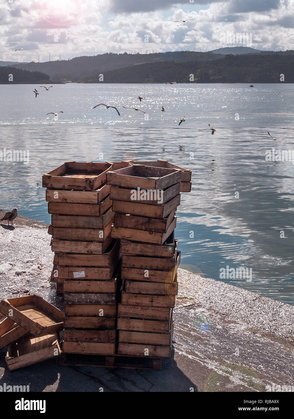 Cajas de pescado de madera apilados en el puerto Fotografía de stock - Alamy