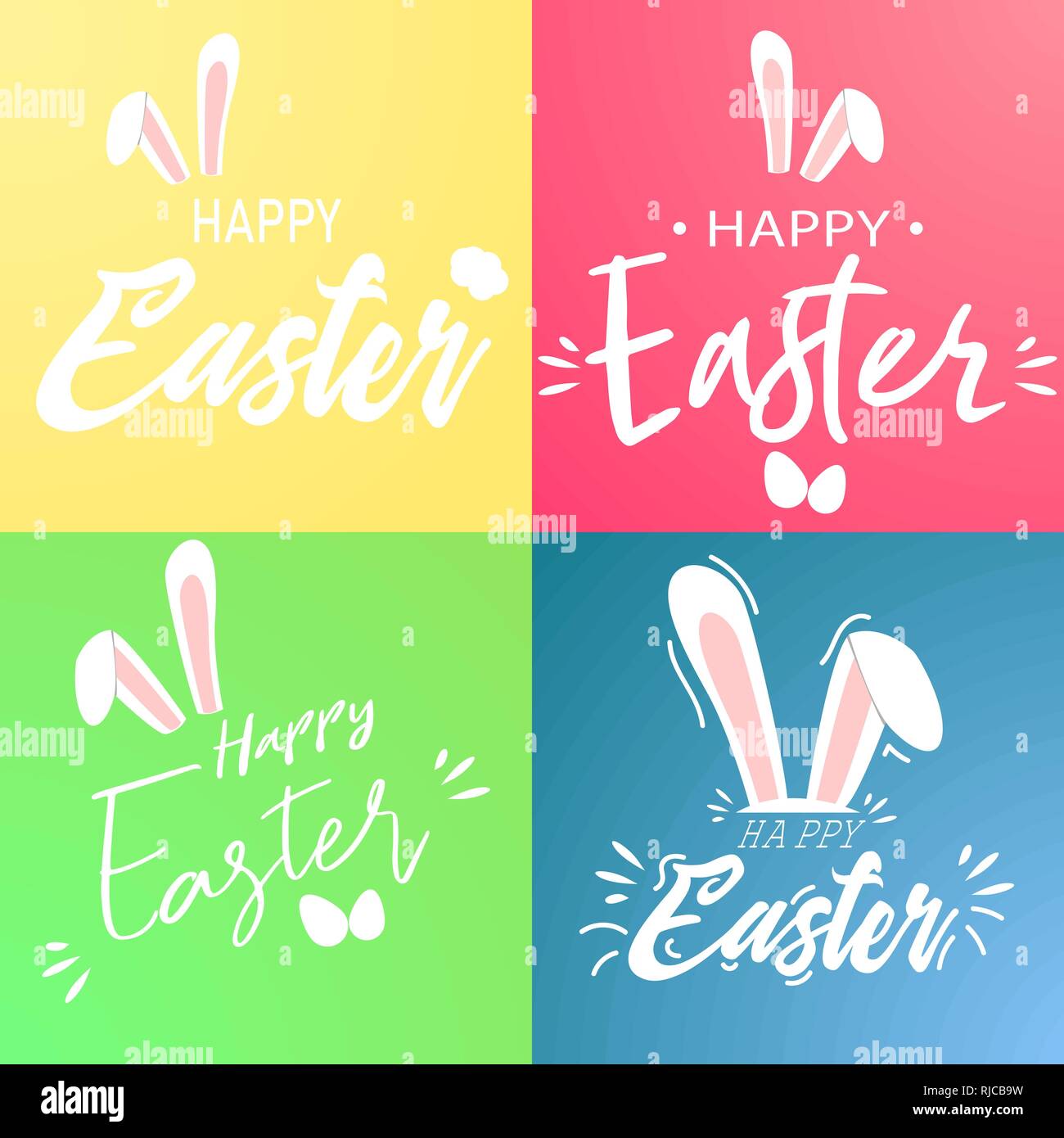 Felices Pascuas Cartoon vectoriales estilo tarjeta con orejas de conejo, dibujados a mano y Pincel caligráfico Wettering. Ilustración del Vector