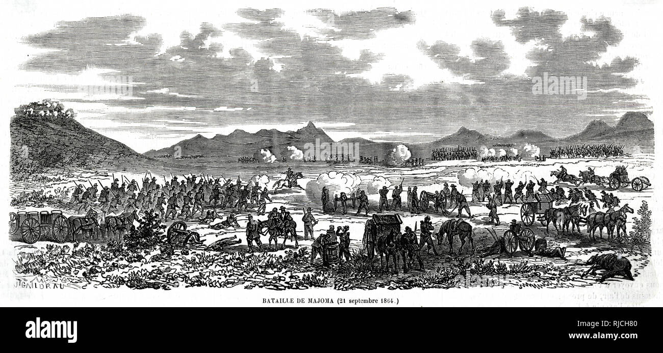 La batalla de Majoma el 21 de septiembre de 1864. Soldados a caballo y a pie, correr hacia la oposición, con caballos tirando de carros y cañones en su lugar. Varios cañones han sido instalados y están disparando. Foto de stock