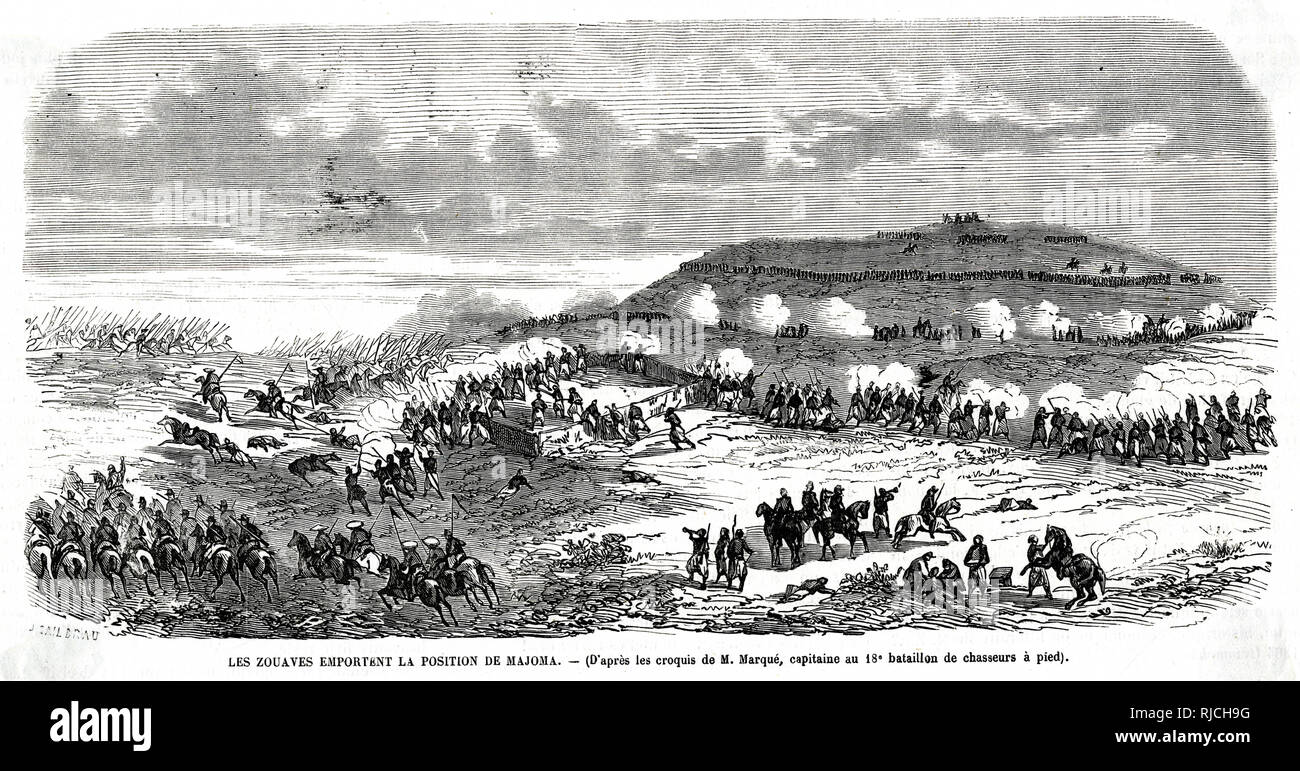 Novedades WYR5009 francés asegurar la victoria el 21 de septiembre de 1864 a medida que toman posición en la Majoma. Regimientos de soldados a caballo se rompen, como líneas de soldados de a pie proteger la colina. Foto de stock