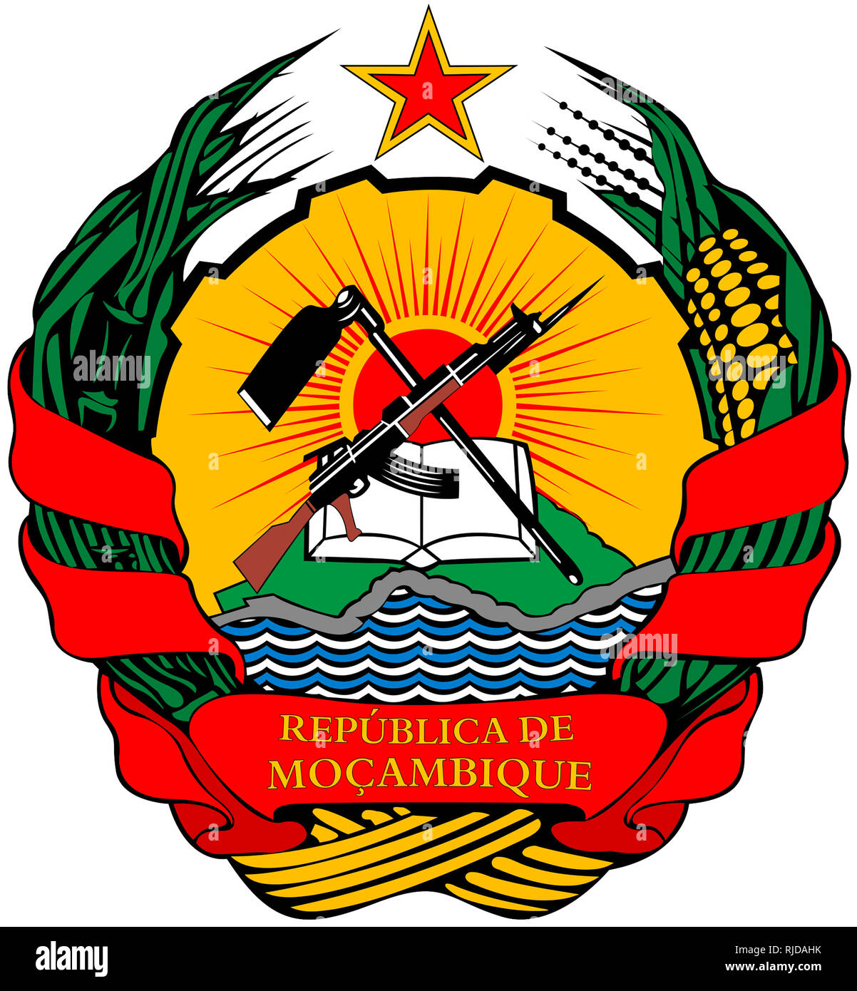 Escudo Nacional de la República de Mozambique. Foto de stock