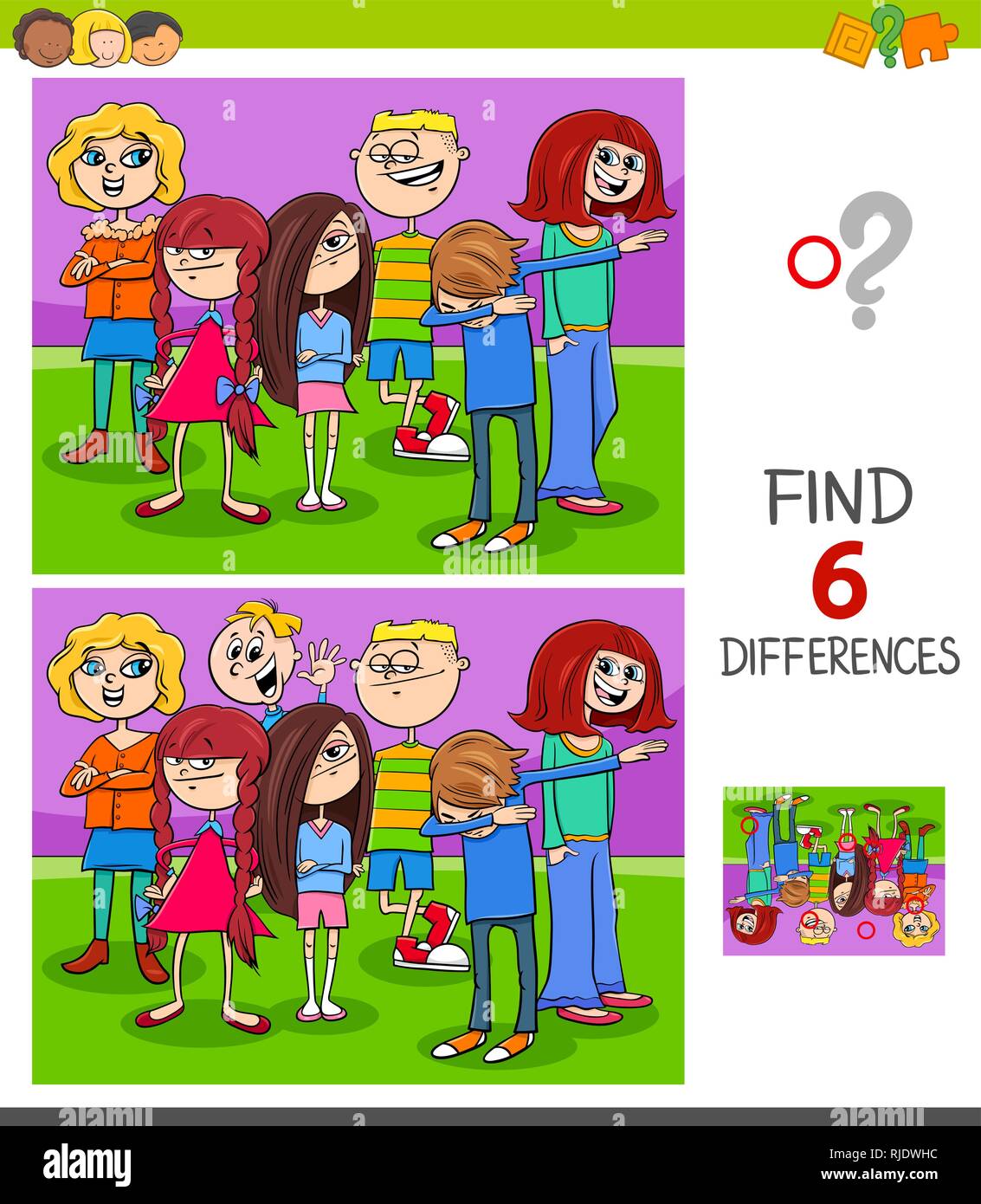Ilustración de dibujos animados de encontrar seis diferencias entre las  imágenes de juegos educativos para niños con niños o adolescentes grupo  Imagen Vector de stock - Alamy