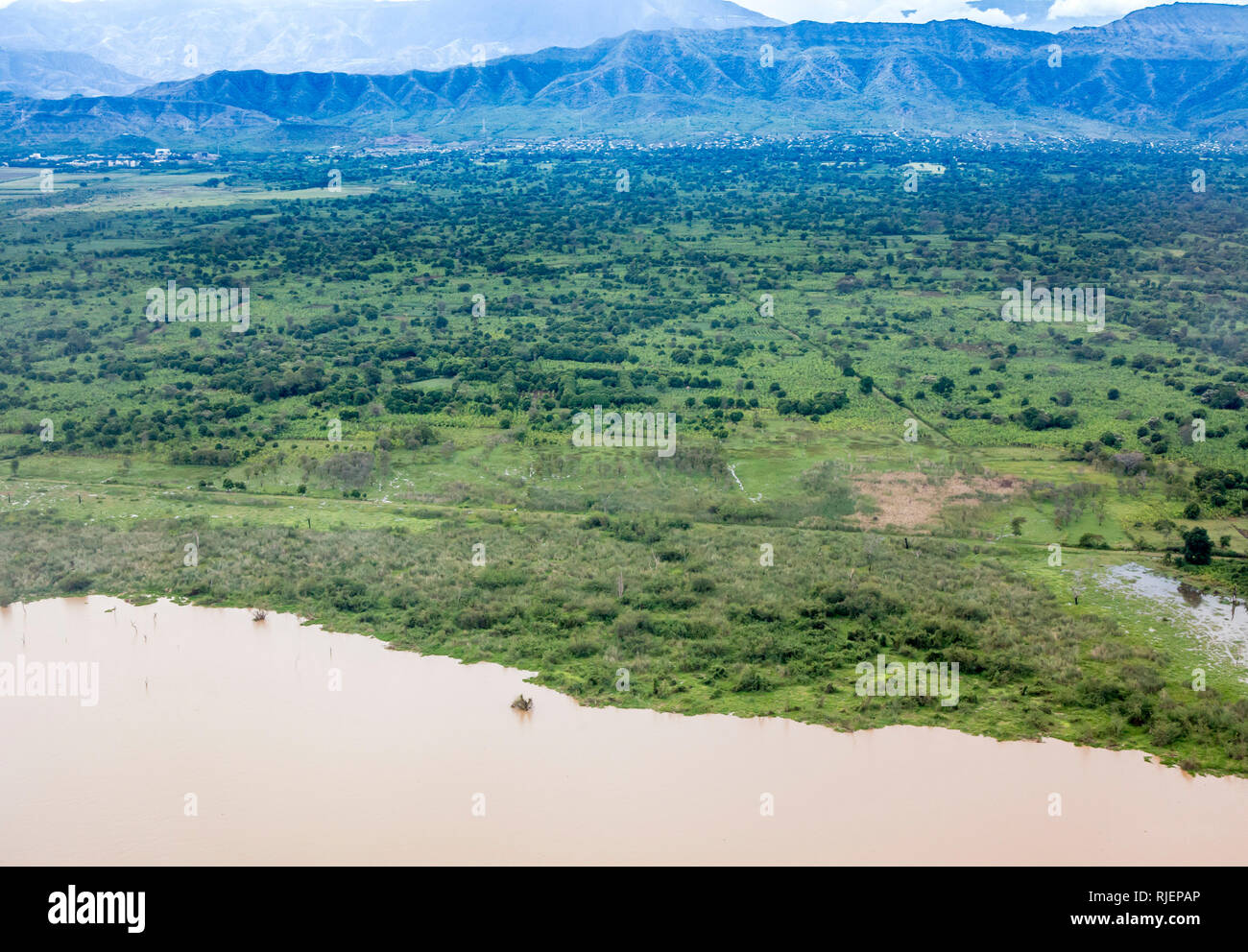 Vista aérea de la orilla del lago Abaya y plantaciones cerca de Arba Minch, Etiopía. Foto de stock
