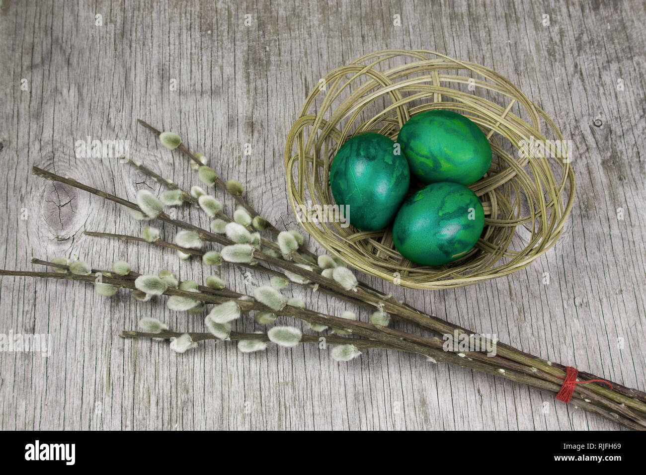 Ramita de sauce de coño y huevos pintados de verde sobre fondo de madera gris , vintage Tarjeta de Pascua Foto de stock