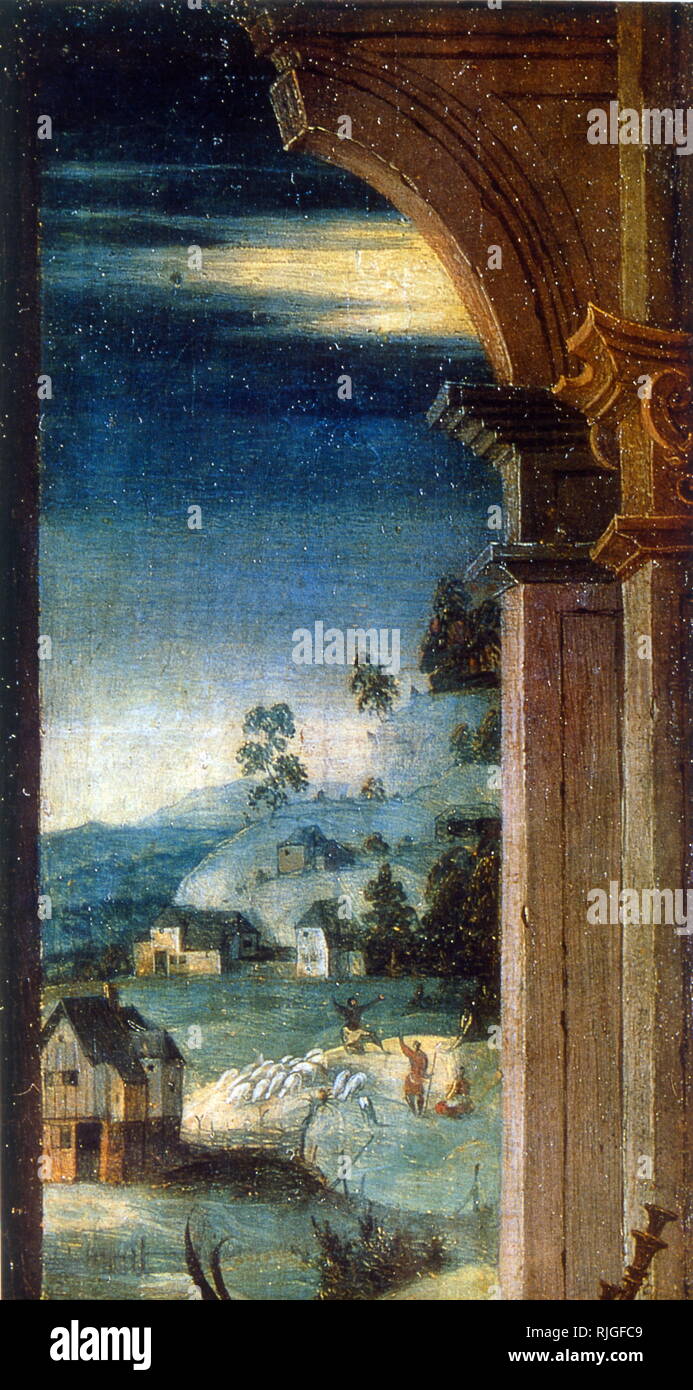 La Natividad, oleo sobre madera, 1550, por Ambrosius Benson (c. 1495 -1550), pintor italiano que se convirtió en una parte del renacimiento del norte Foto de stock