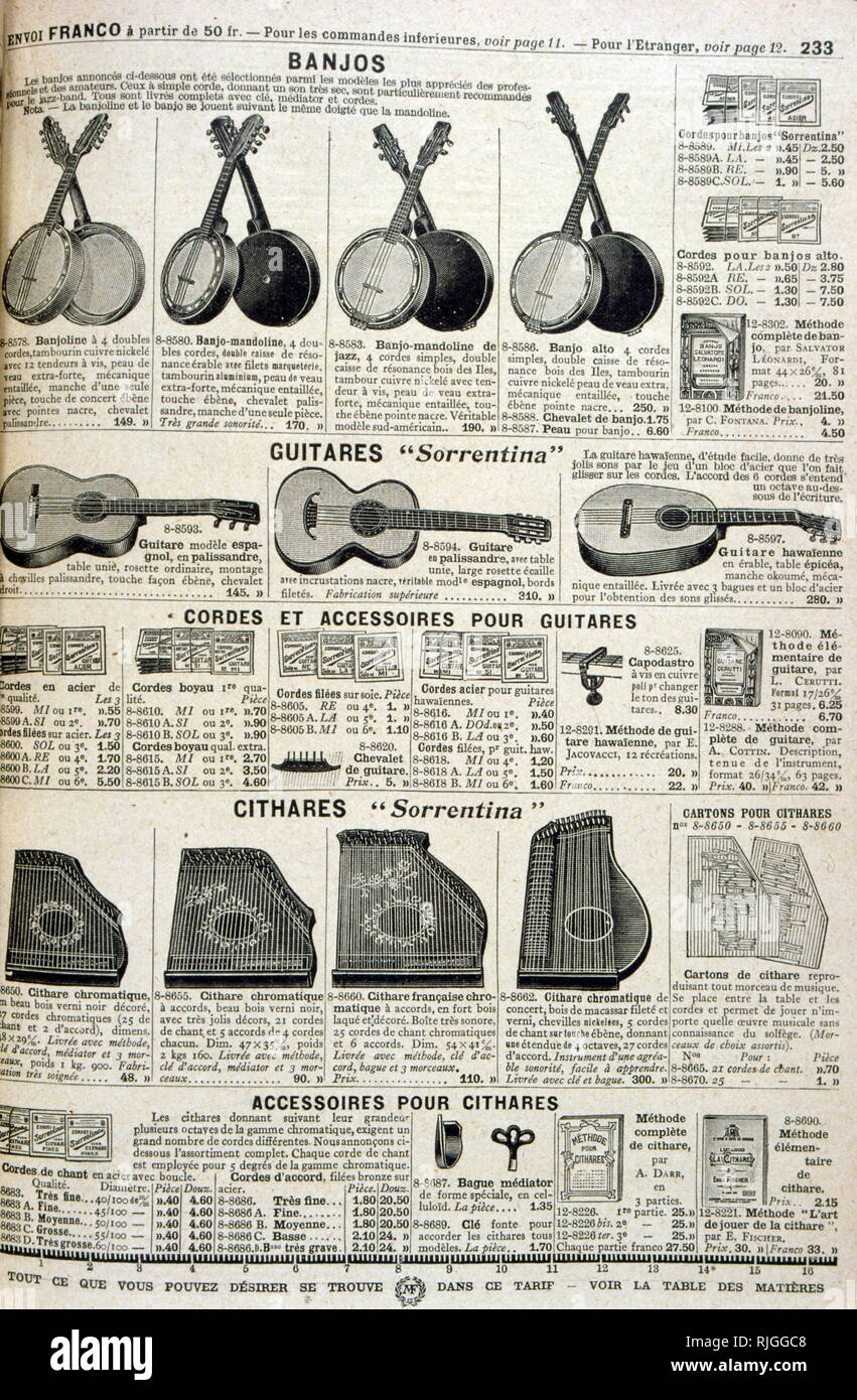 Anuncio de banjos, guitarras y citharas 1895 Foto de stock