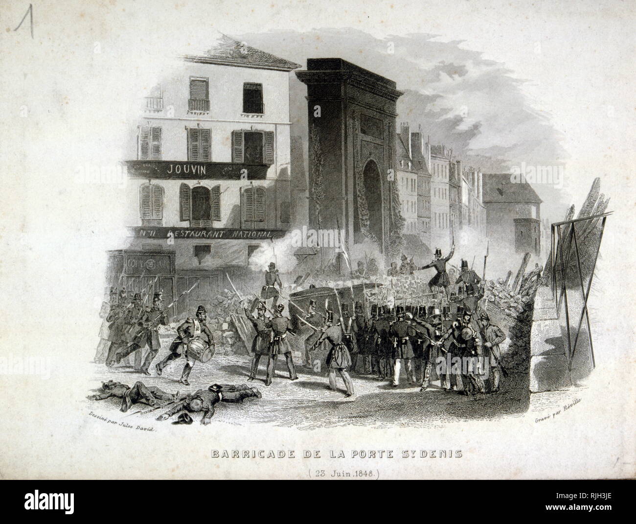 Grabado mostrando las barricadas levantadas en la Porte Saint Denis, de París durante la Revolución de 1848 Foto de stock