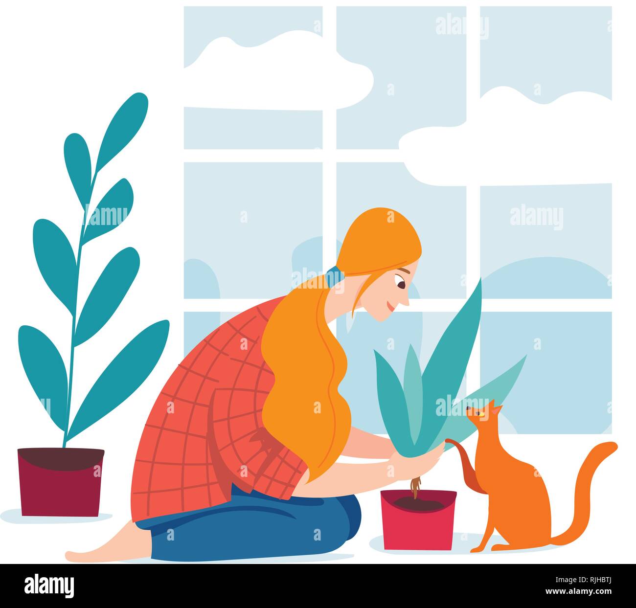 Vector hygge ilustración con una mujer en casa plantas de siembra ...
