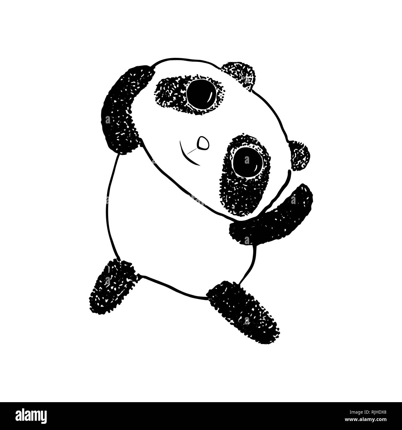 Cute happy panda ilustración vectorial. Estilo boceto tinta de bolígrafo. Panda paws manos arriba. Bebé. Grandes ojos negros, sonriendo, bailando, regordeta. Para impresiones, web, decoración Ilustración del Vector