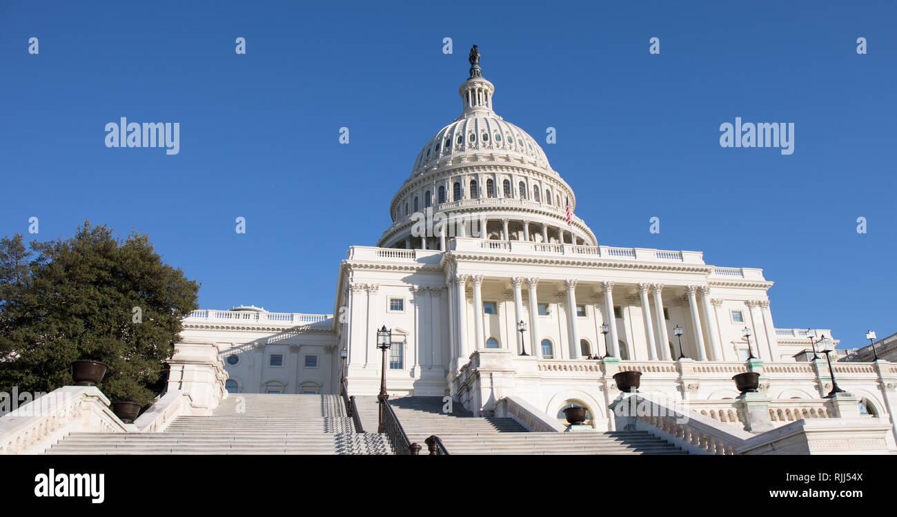 Pasos atrás de el edificio del Capitolio de los Estados Unidos en Washington D.C., con un cielo azul brillante. Foto de stock