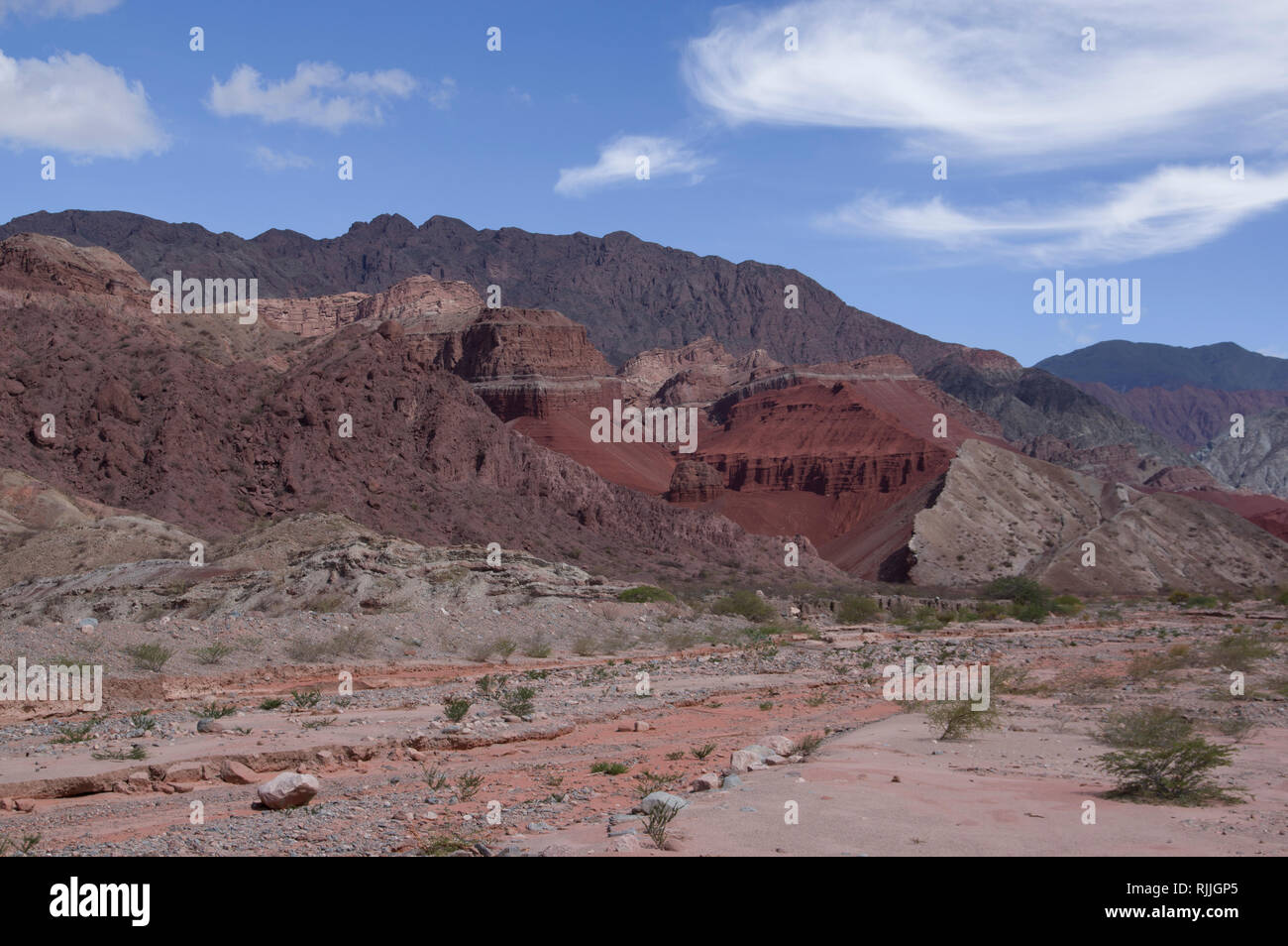 El llamativo hermoso paisaje desértico en el norte de Argentina, cerca de Salta y Juyjuy con mesetas de arenisca roja ríos y coloridos cerros Foto de stock