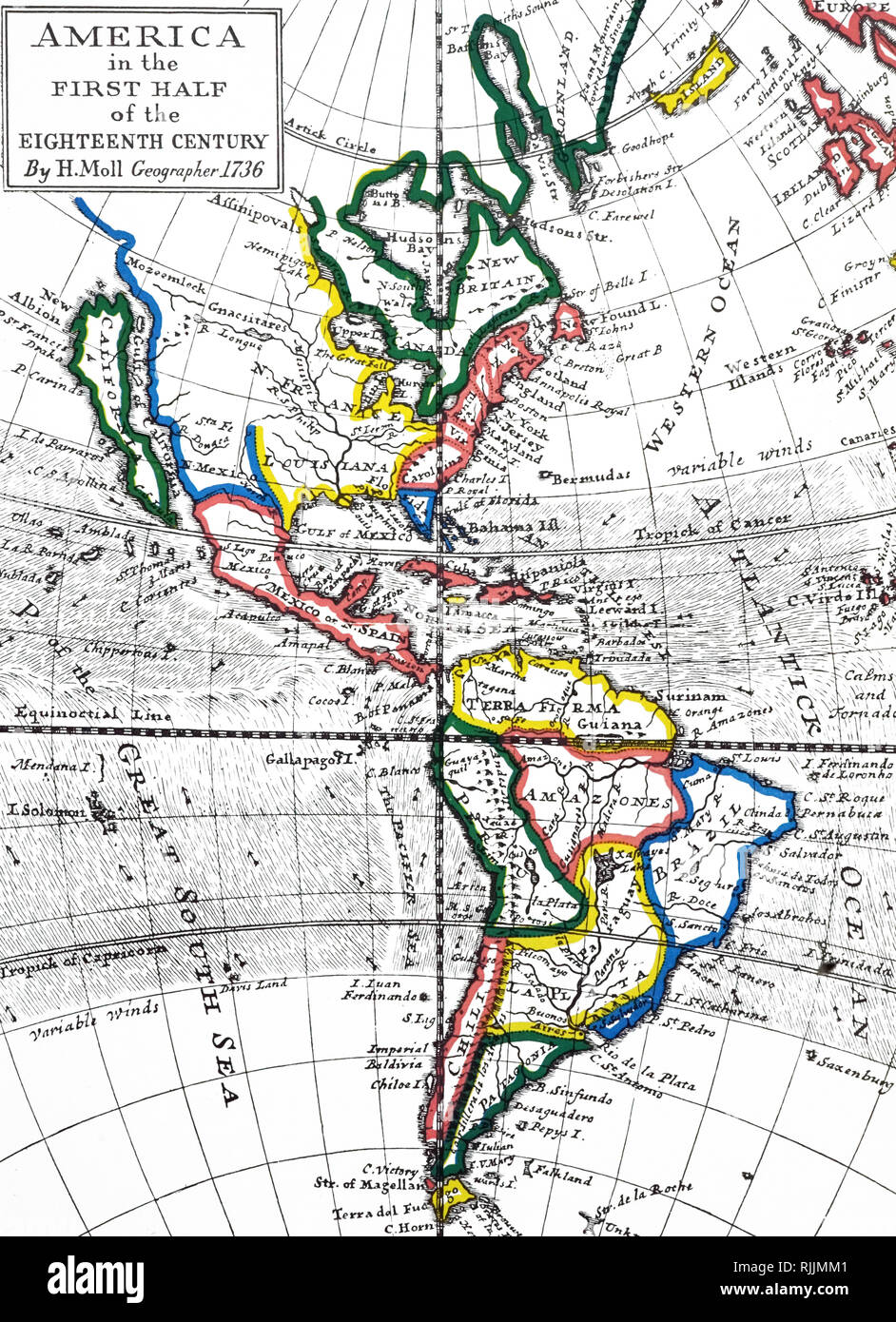 Un mapa de América en la primera mitad del siglo xviii. Fecha del siglo XIX Foto de stock
