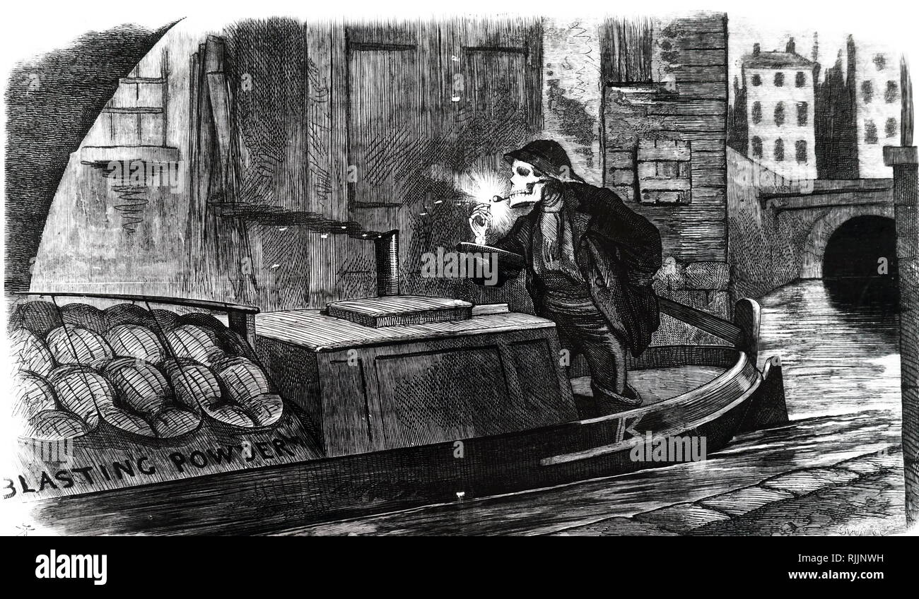 Una caricatura en la campaña por el Parlamento para poner en las normas de seguridad para la manipulación y el transporte de explosivos, tras la destrucción de una gabarra con pólvora en el Regent's Canal, Londres. Ilustrado por John Tenniel (1820-1914) Inglés un ilustrador, humorista gráfico y caricaturista político. Fecha del siglo XIX Foto de stock