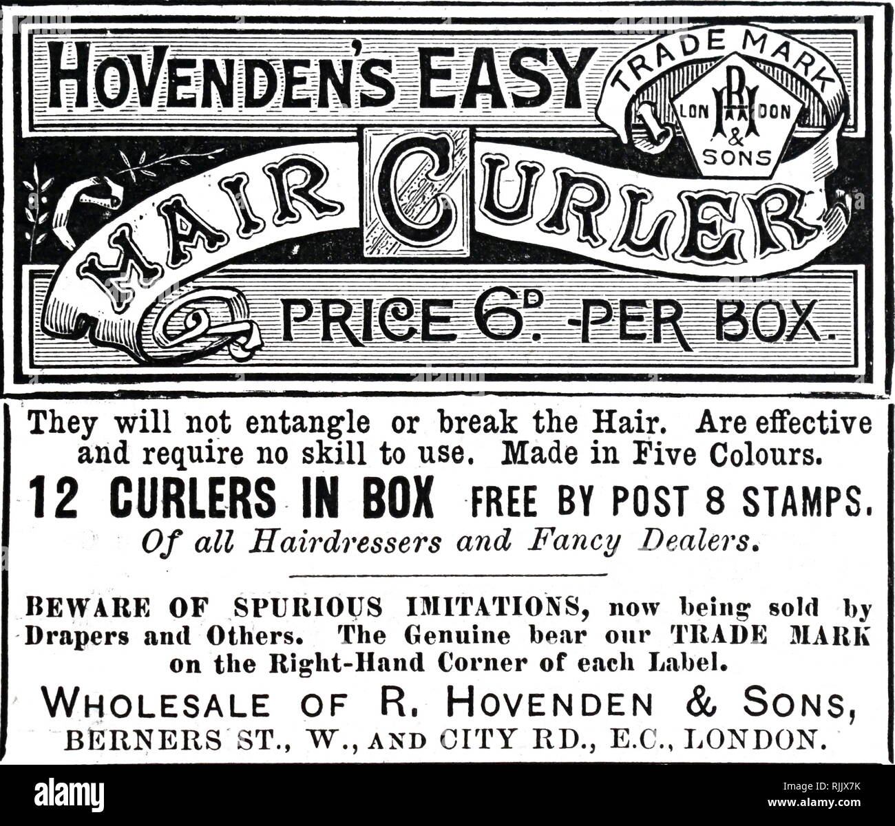 Un anuncio para la Hovenden rizadores de pelo. Fecha del siglo XIX  Fotografía de stock - Alamy