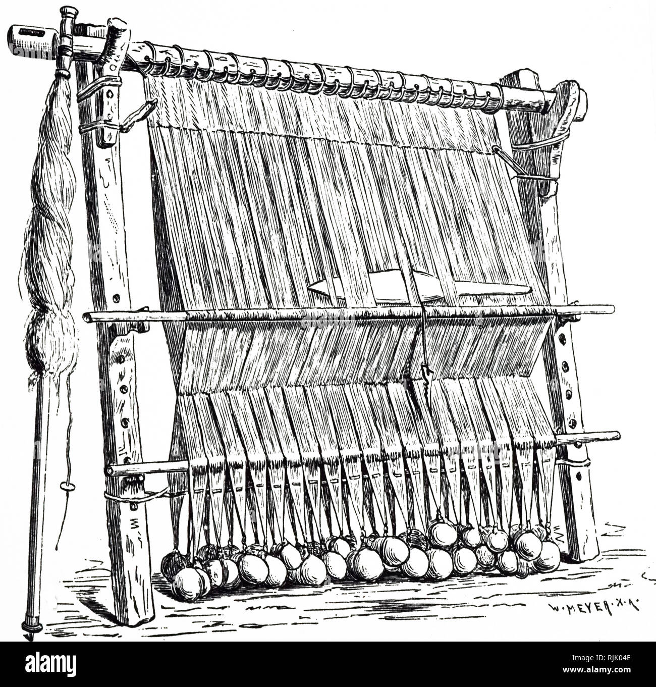 Un grabado representando un telar vertical con piedras utilizadas como  pesas para mantener la tensión. En uso en las Islas Feroe en el  19th-century, pero similares a los que se han utilizado