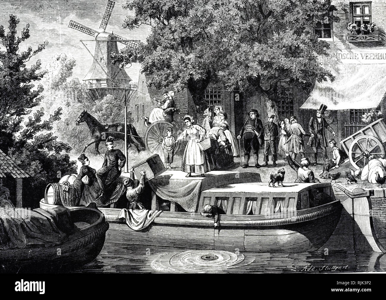 Grabado representando un canal neerlandés escena. Una barcaza se prepara para transportar una familia con sus pertenencias. En el fondo un molino de viento se convierte en la brisa. Fecha del siglo XIX Foto de stock