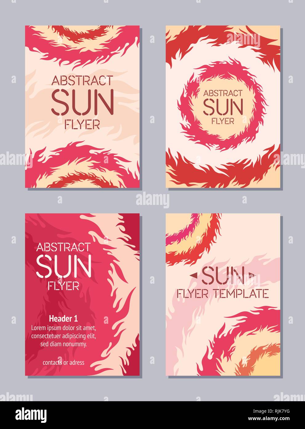 Conjunto de cuatro volantes con sun tema. Círculos de llamas. Soles estilizados. Resumen Antecedentes. Ilustración vectorial. Ilustración del Vector