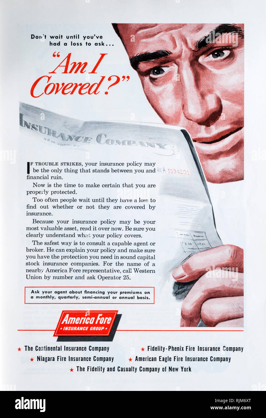 Una revista de 1955 Anuncio para American avance seguro. Foto de stock