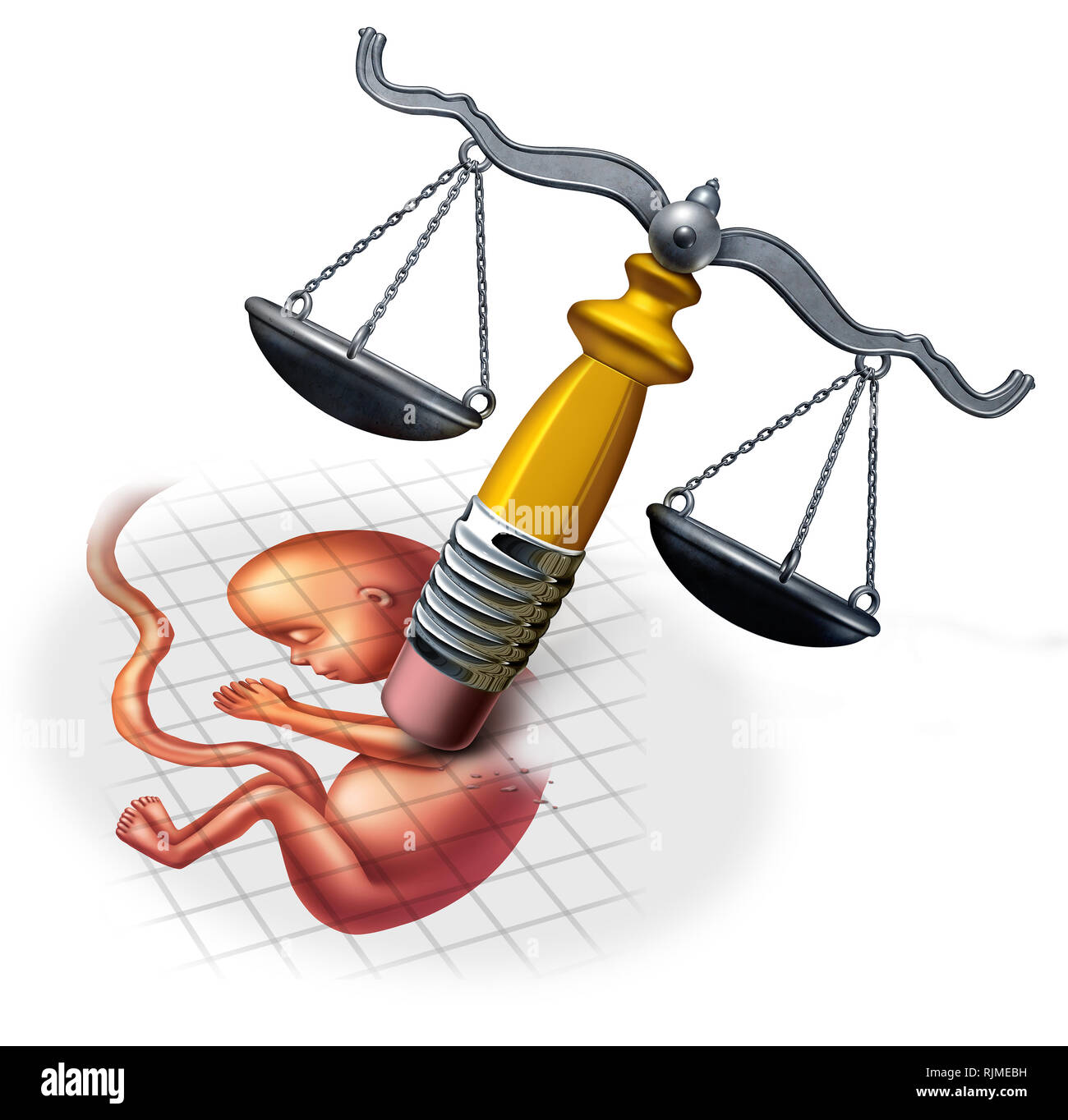 Conceptos de derecho al aborto y la ética social en cuanto a finales de embarazo a término como un feto siendo borrada por una justicia escala con elementos de ilustración 3D. Foto de stock