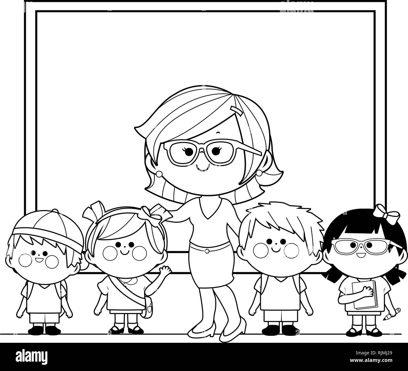 El profesor y los alumnos en las aulas de niños delante de una pizarra.  Blanco y negro para colorear la ilustración de la página Imagen Vector de  stock - Alamy