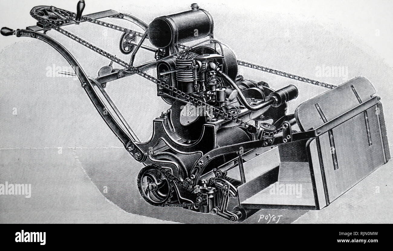 Ilustración mostrando el cortacésped de gasolina. 1904 Foto de stock