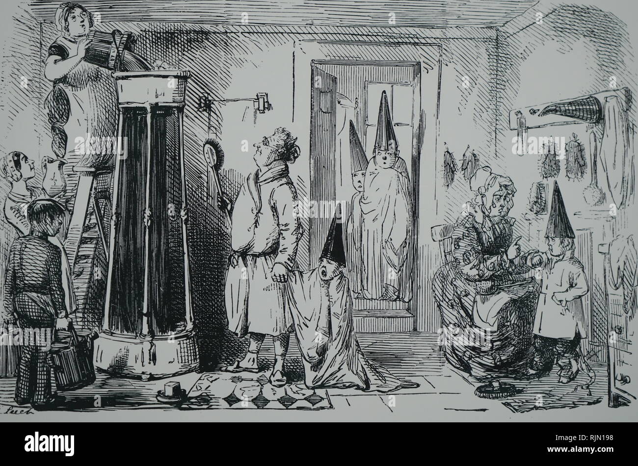 Ilustración mostrando un tipo común de showerbath portátil utilizado en la segunda mitad del siglo XIX. Los sombreros para niños son de tela impermeabilizada con cubierta de goma (Mackintosh). A partir de una colección de Sanguijuela de caricaturas publicadas en Punch entre 1842 y 1864 Foto de stock