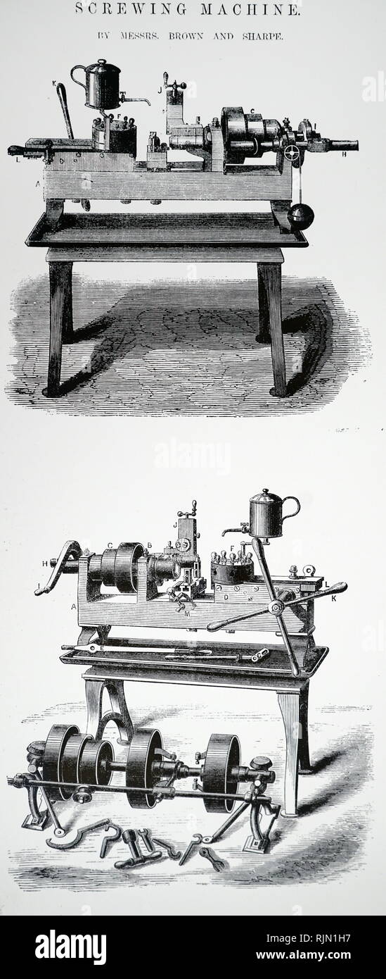 Ilustración mostrando los primeros tornos de torreta para hacer tornillos y espárragos, desde el bar más rápidamente que un torno normal. Diseñado y construido por J.C. Brown & Sharpe de Providence, USA. 1868 Foto de stock