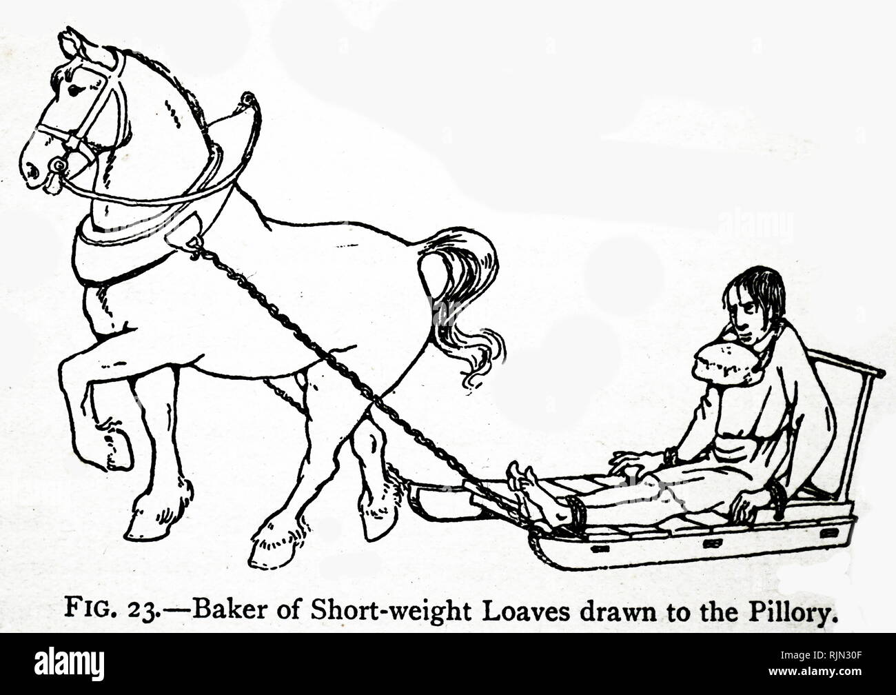 Ilustración mostrando un panadero que ha dado la medida (engañado), arrastró a un cepo de castigo público. Inglaterra del siglo XV. Foto de stock