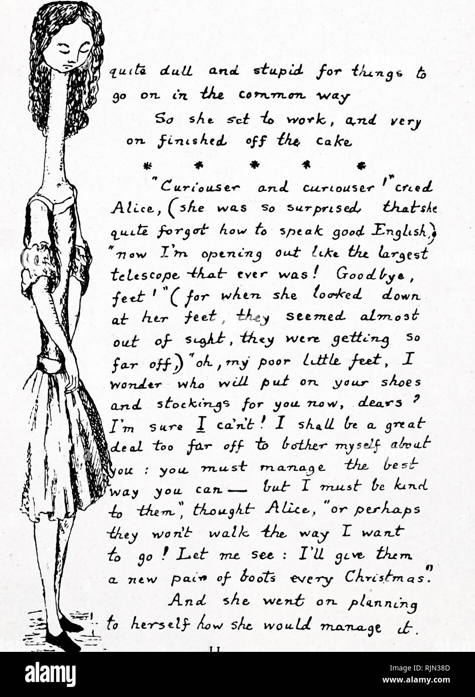 Ilustración que muestra el facsímil del manuscrito de "Alicia en el país de las Maravillas" de Lewis Carroll. Alice's Adventures in Wonderland (comúnmente abreviado para Alice in Wonderland) es una novela de 1865 escrita por el autor inglés Charles Lutwidge Dodgson, bajo el seudónimo de Lewis Carroll. Foto de stock