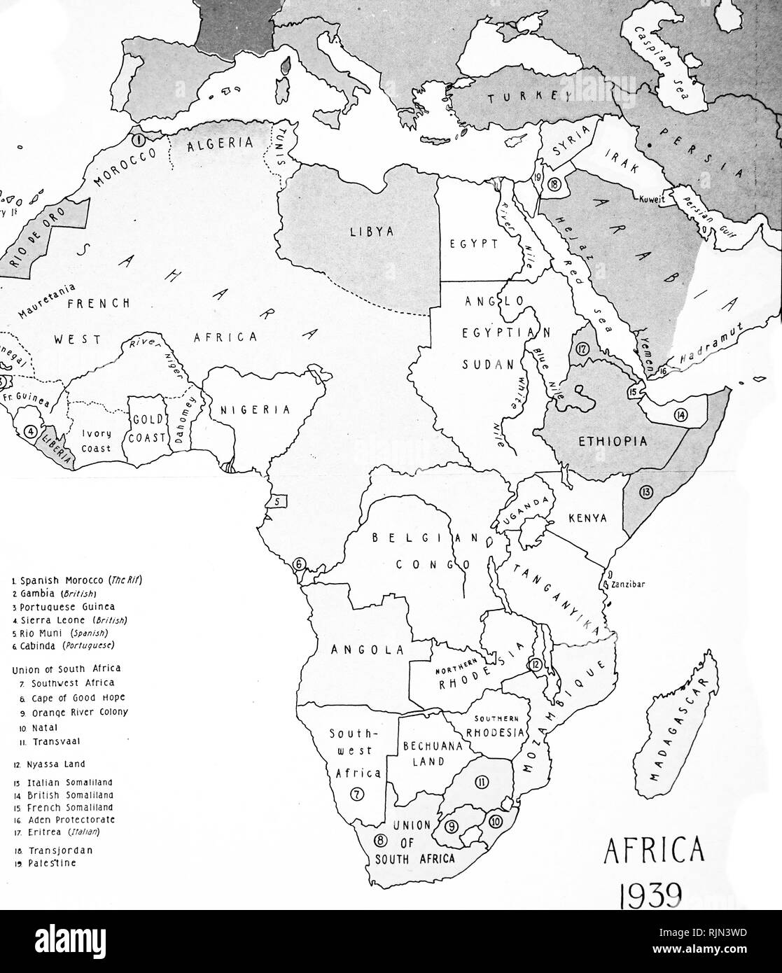 Ilustración que muestra el mapa de África de 1939. Foto de stock