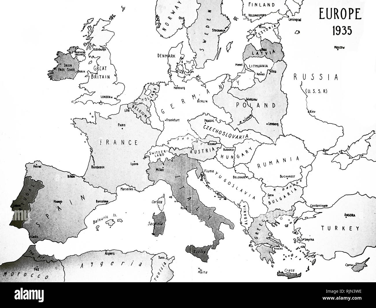 Ilustración que muestra el mapa de Europa en 1935 Fotografía de stock