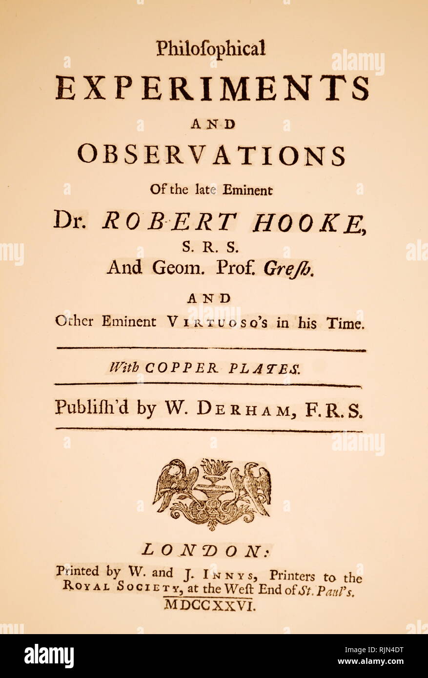 . Página de título de 'filosóficas experimentos y observaciones" en 1726 por Robert Hooke (1798-1703), físico y químico inglés filósofo natural Foto de stock