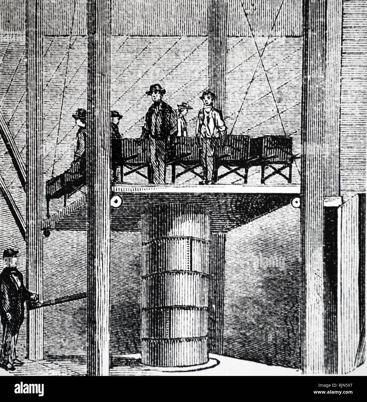 Ilustración que muestra el ascensor para transportar mineral a los altos hornos, Obras Phoenixville, Pennsylvania 1873 Foto de stock