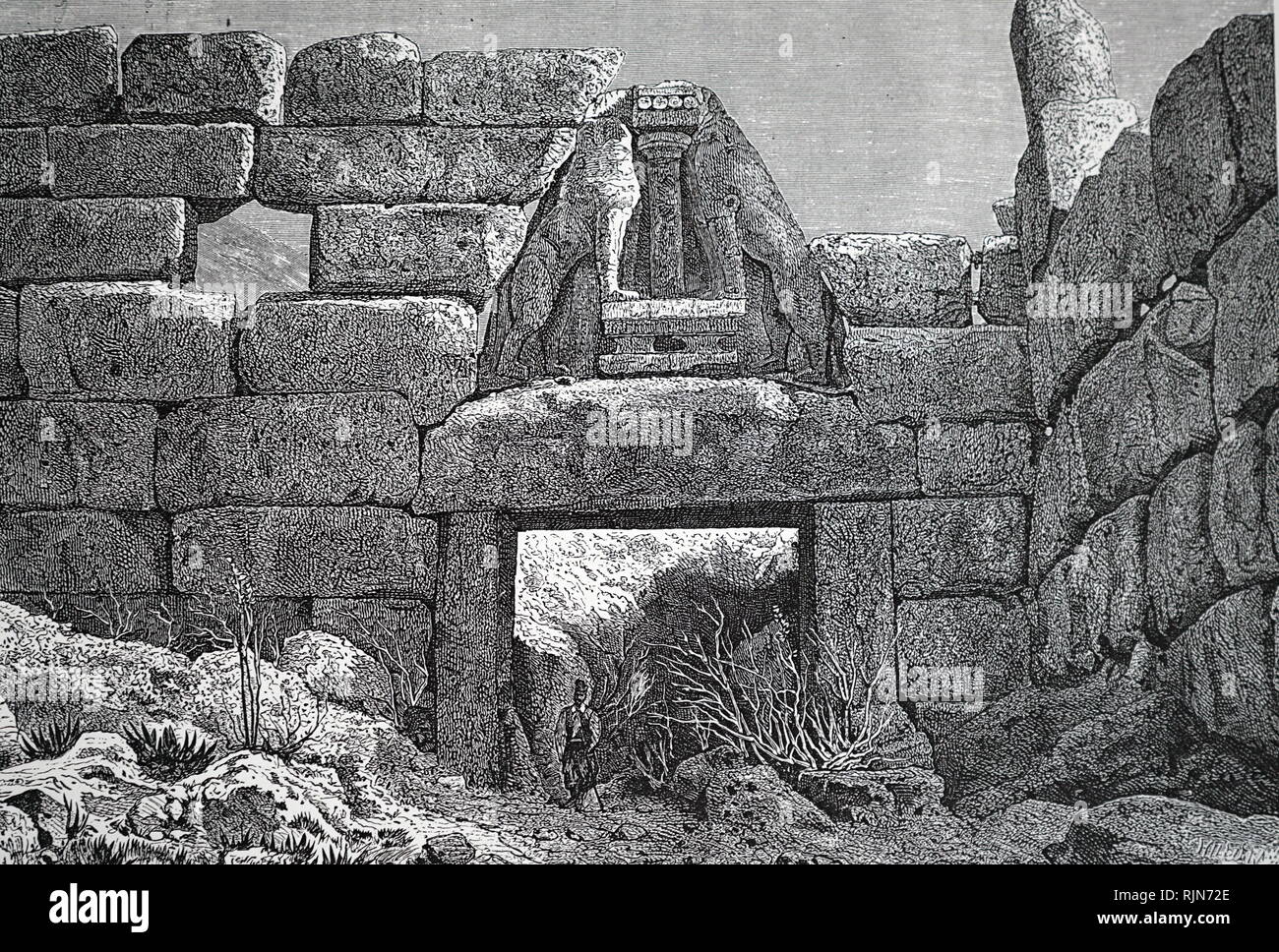 Imagen que muestra la puerta de los Leones, Micenas en 1878 Foto de stock