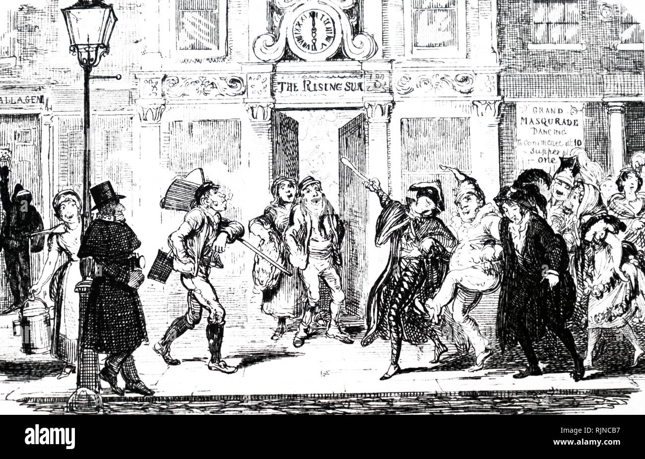 Una caricatura de una calle de Londres con escenas de juerguistas que regresan a casa como las clases trabajadoras comienzan su jornada de trabajo. Fecha del siglo XIX Foto de stock