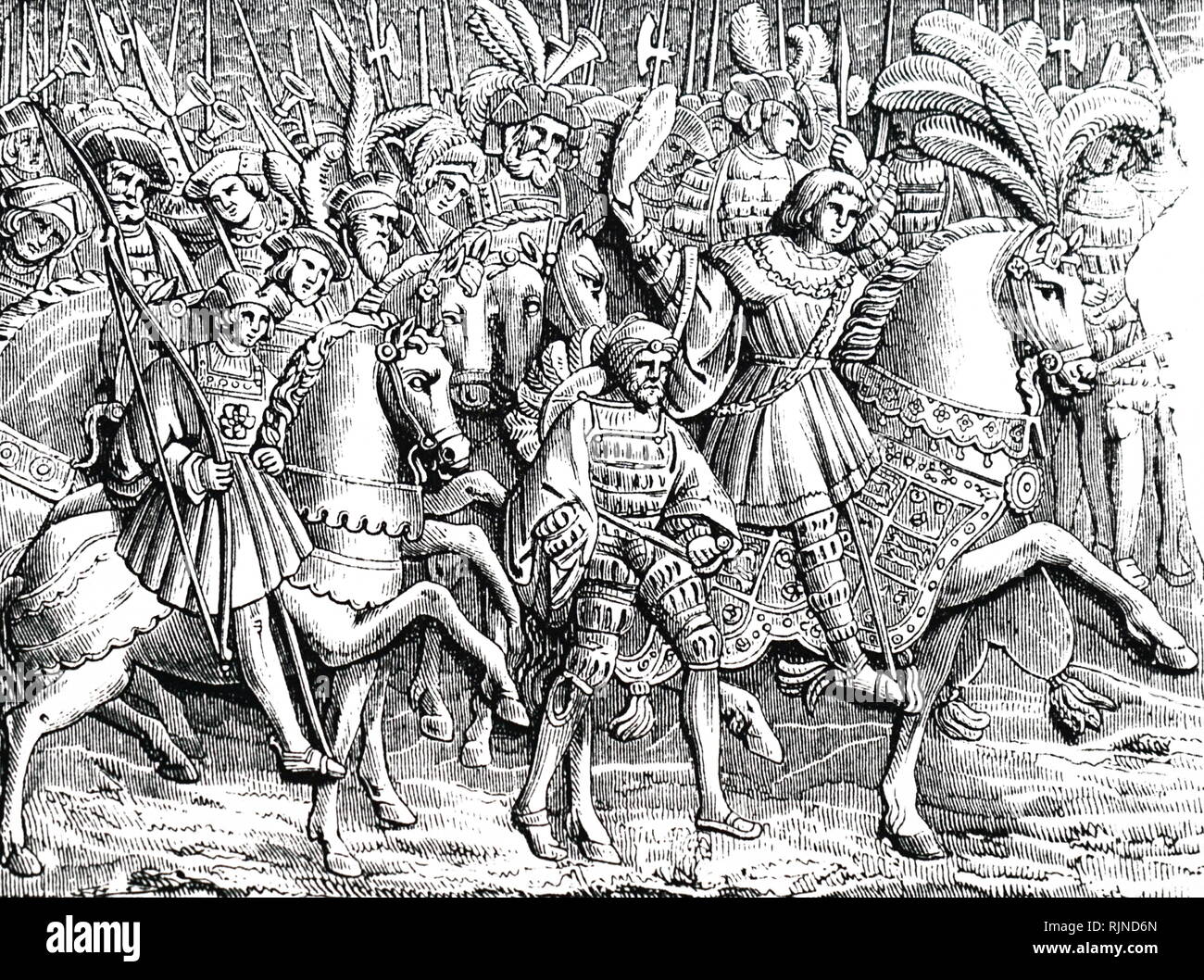 Un grabado representando el rey Enrique VIII (1491-1547) y su comitiva en el campo de la tela de Oro, donde conoció a Francisco I de Francia. Fecha del siglo XIX Foto de stock