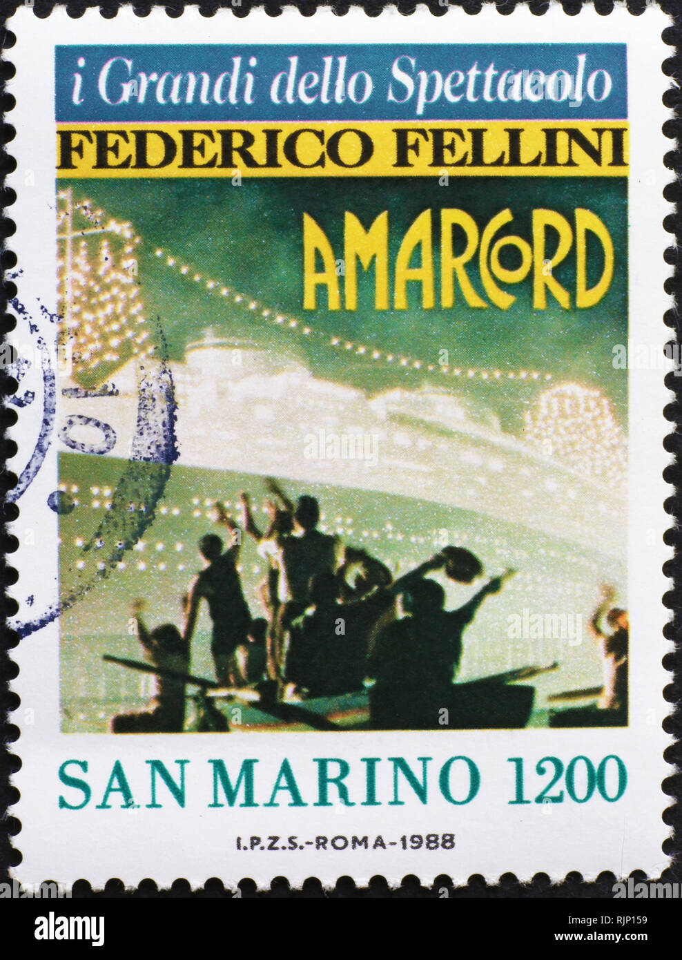 Póster de película Amarcord de Fellini en la estampilla postal Foto de stock
