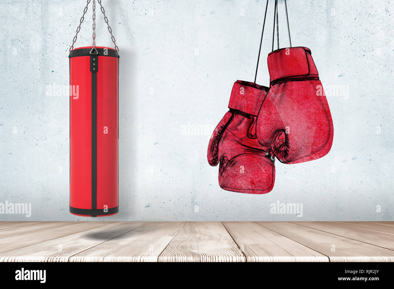 3D rendering de rojo saco de boxeo y guantes de boxeo en la pared