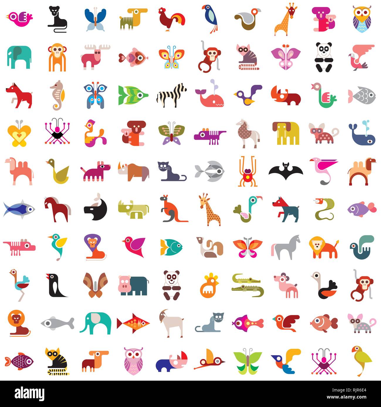 Animales, pájaros, peces e insectos vectores grande conjunto de iconos. Diversas imágenes coloristas aislado sobre fondo blanco. Puede ser utilizado como fondo perfecta. Ilustración del Vector