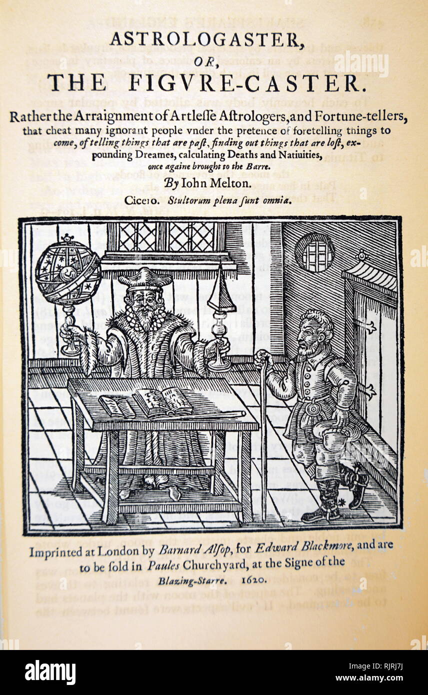El astrólogo y su cliente. Título de página xilografía de 'Figure-Caster Astrologaster' (él), por John Melton, 1620 Foto de stock