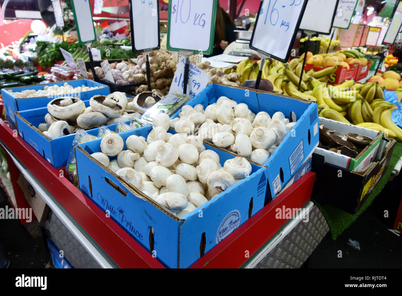 Botón de venta de setas y hongos portobello en el Mercado Queen Victoria Melbourne Australia Foto de stock