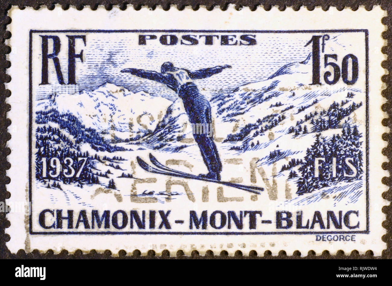 Sello Vintage mostrando un puente de esquí en Chamonix Foto de stock