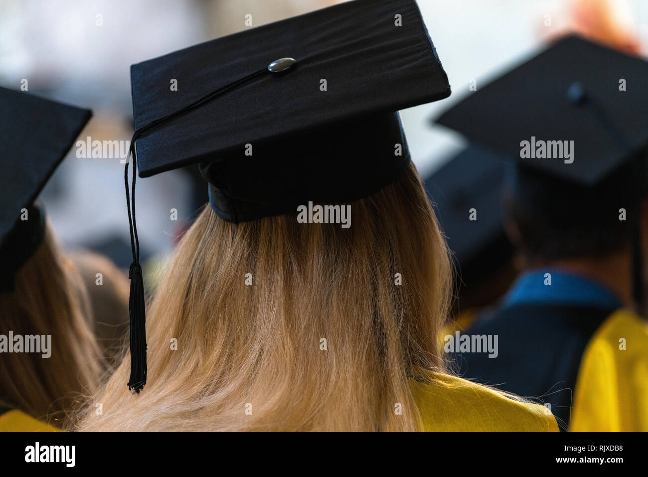 Los estudiantes que vestían trajes y gorros sentarnos adentro, esperando recibir diplomas, día de graduación en la universidad, colegio inicio Foto de stock