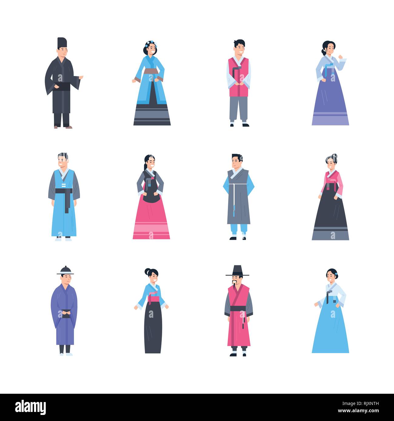 Conjunto de personas vestidas con trajes típicos asiáticos masculinos y  femeninos vestidos nacionales aisladas de longitud completa Imagen Vector  de stock - Alamy